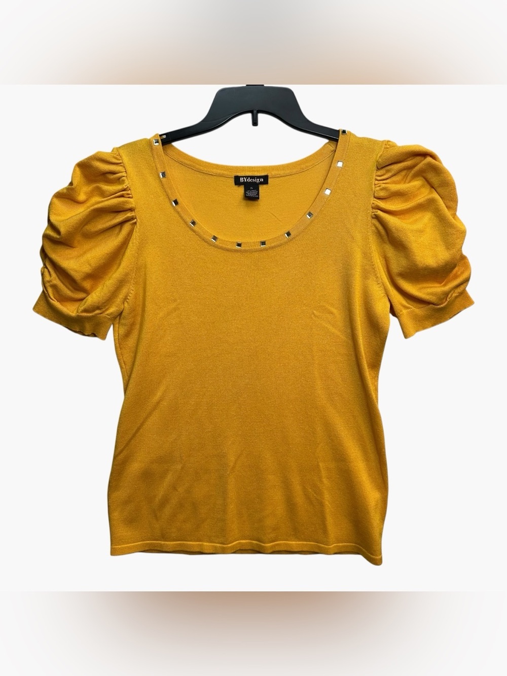 BYdesign Mustard Gold Puff Sleeve Studded Scoop Neck Knit Top XL - Picture 3 of 11